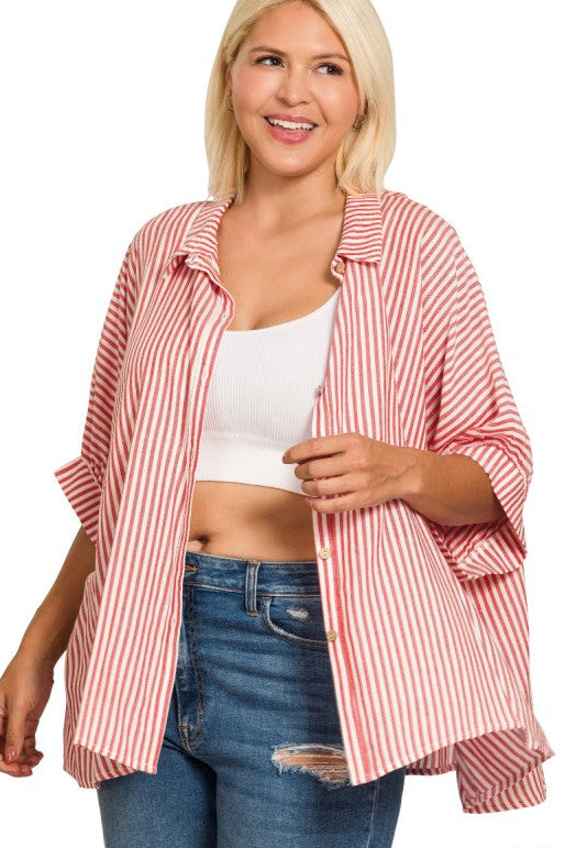 Gigi Striped Oversized Button Down Top in Ruby
