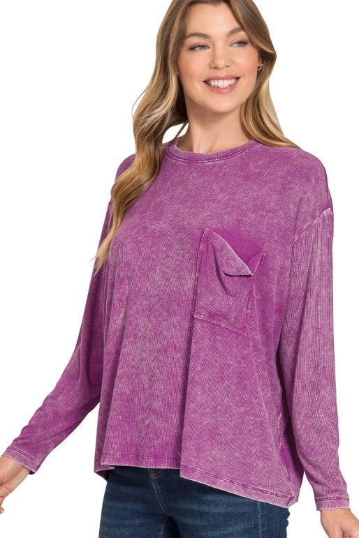 Jess Washed Ribbed Pocket Tee in Light Plum