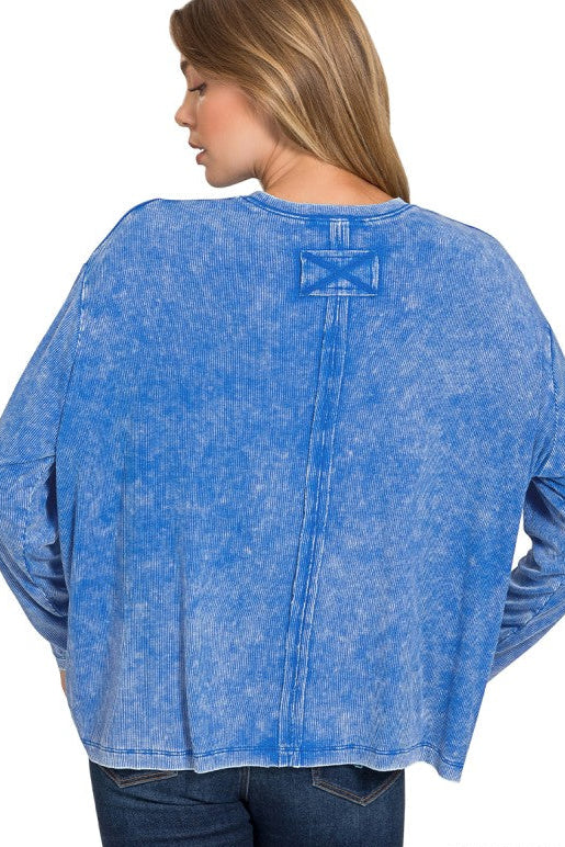 Jess Washed Ribbed Pocket Tee in Ocean Blue
