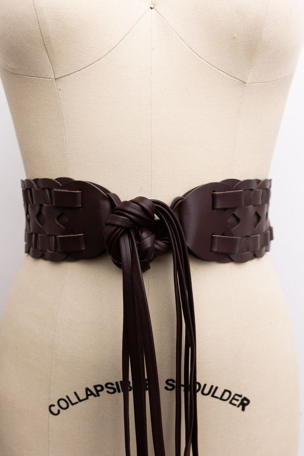 Boho Wide Braided Leather Wrap Tie Belt in Brown