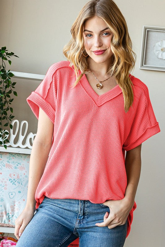 All You Need Wavy Ribbed Top in Coral - Curvy