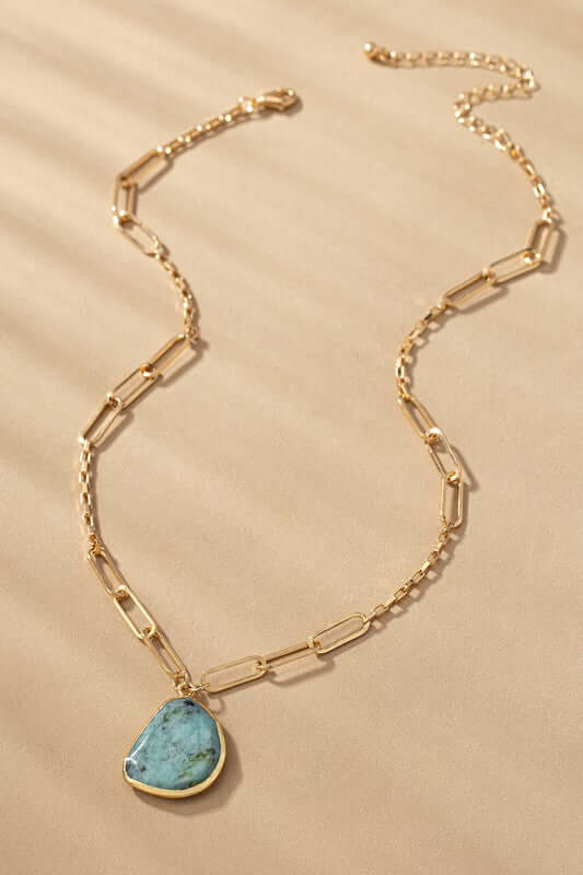 Kiana Gold Paper Clip Chain Link and Turquoise Stone Necklace