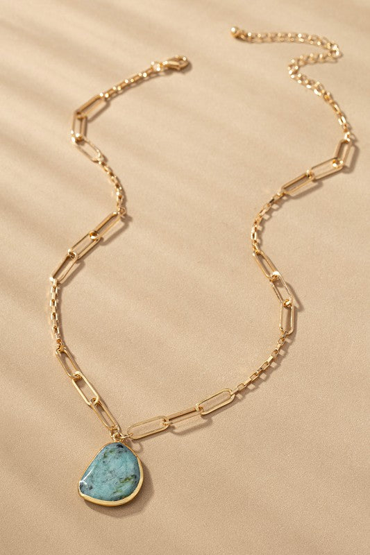 Kiana Gold Paper Clip Chain Link and Turquoise Stone Necklace