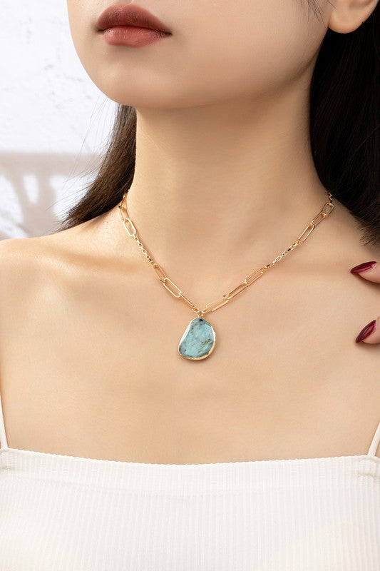 Kiana Gold Paper Clip Chain Link and Turquoise Stone Necklace