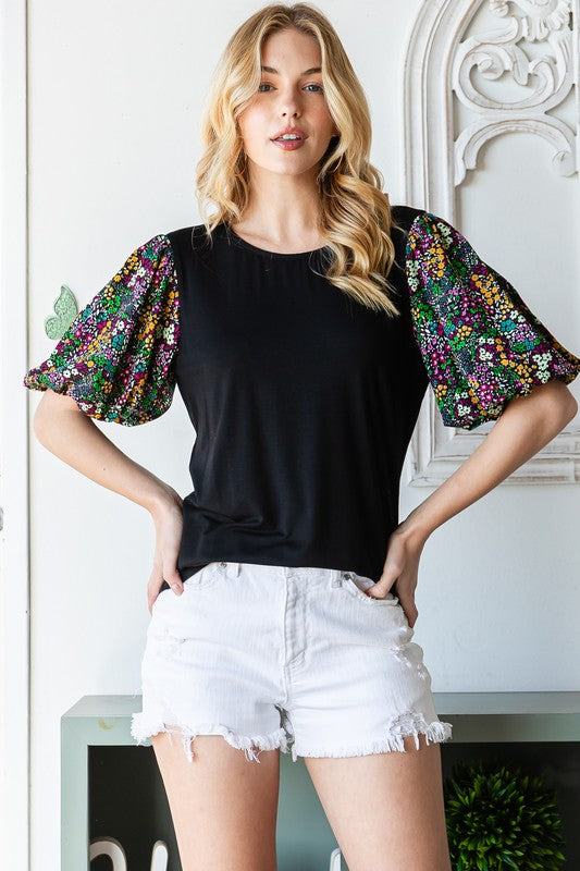 For The Moments Floral Puff Sleeve Top in Black