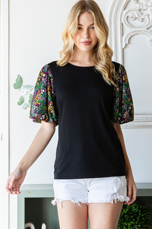 For the Moments Floral Puff Sleeve Top in Black - Curvy