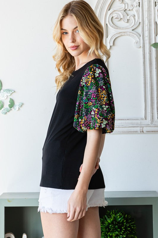 For the Moments Floral Puff Sleeve Top in Black - Curvy