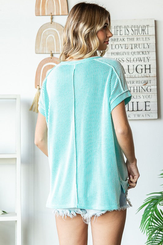 My Own Path Ribbed Button Front Top in Aqua