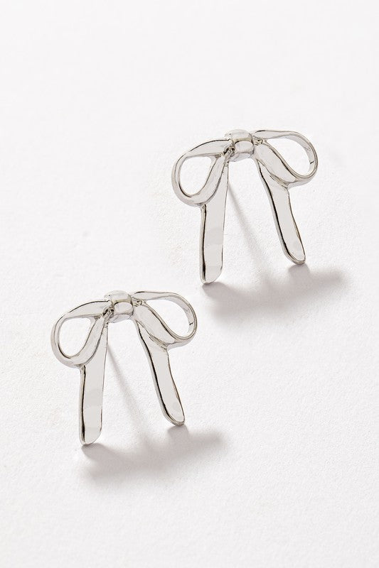 Hammered Polished Silver Bow Stud Earrings