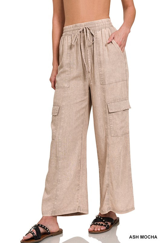 Washed Linen Elastic Band Waist Cargo Pants in Four Colors