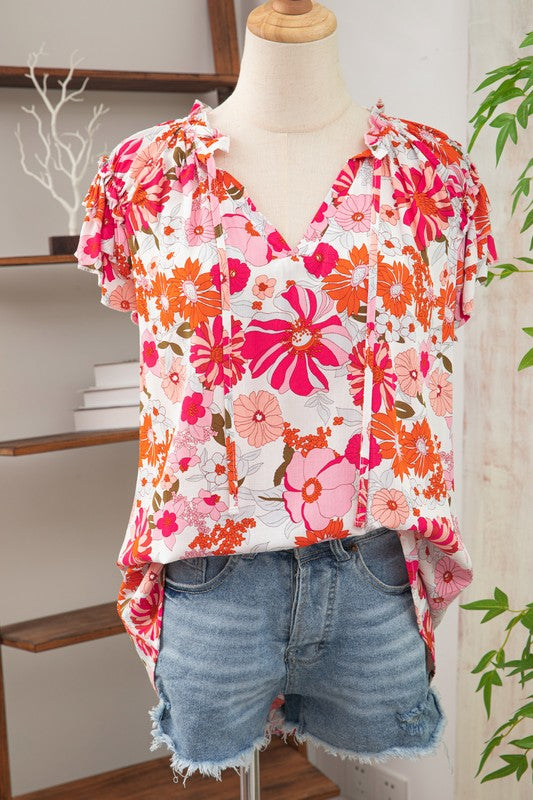 Flor-All the Girls Bright Floral Top in Pink Multi