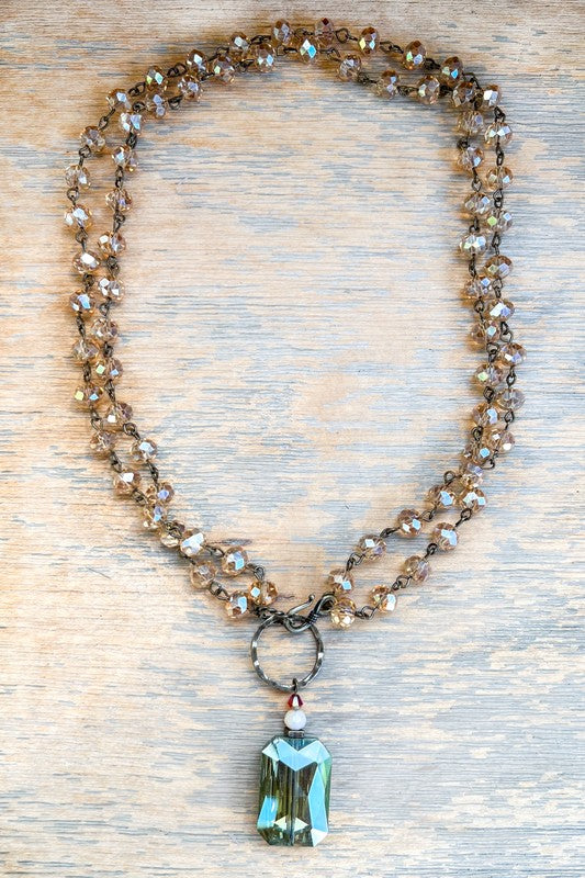 Winnie Taupe and Blue Translucent Beaded Bronze Necklace