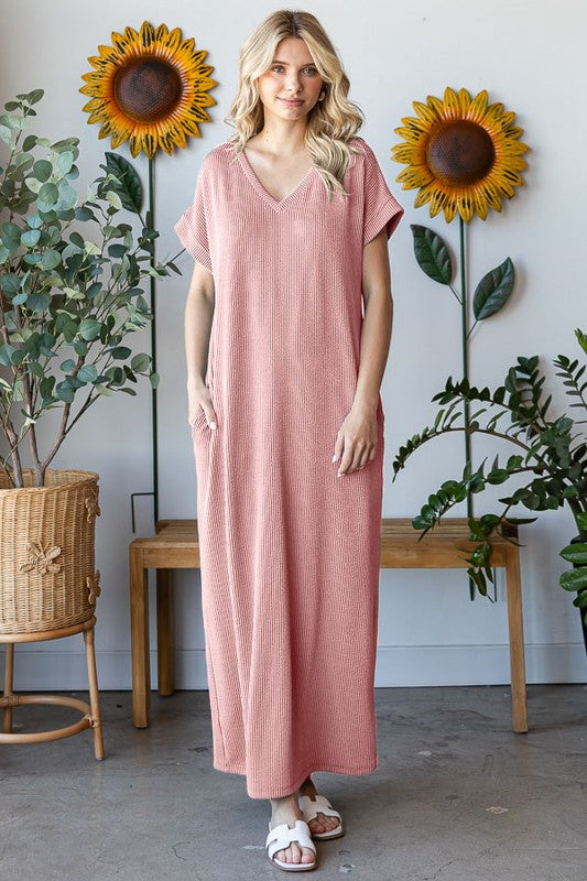 Becca Wavy Ribbed V-Neck Maxi-Dress in Mauve