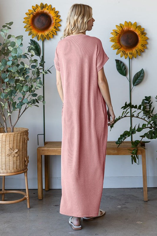 Becca Wavy Ribbed V-Neck Maxi-Dress in Mauve