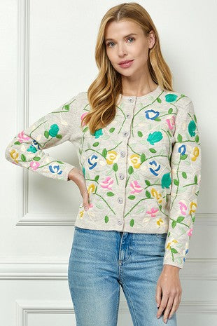 Rosa Floral Embroidered Cardigan with Jeweled Buttons in Oatmeal