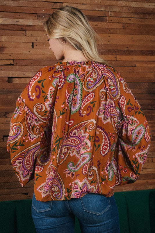 Kelsey Paisley Print Blouse in Toffee - Curvy