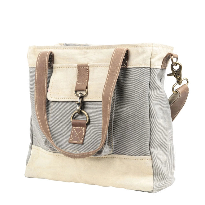 Stephanie Mixed Fabric Canvas Crossbody Tote in Grey and Cream