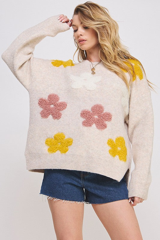 Flower Power Oversized Graphic Floral Sweater in Oatmeal or Heather Grey