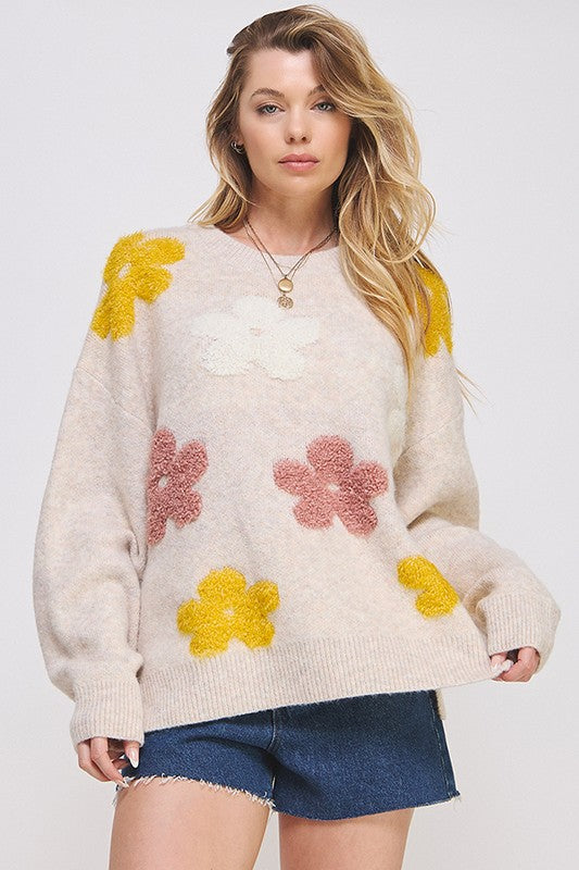 Flower Power Oversized Graphic Floral Sweater in Oatmeal or Heather Grey