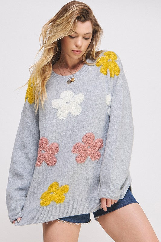 Flower Power Oversized Graphic Floral Sweater in Oatmeal or Heather Grey - Curvy