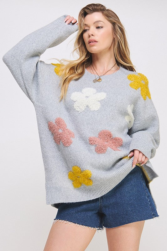 Flower Power Oversized Graphic Floral Sweater in Oatmeal or Heather Grey