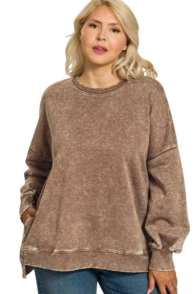 Time to Chill Acid Wash Fleece Hi-Low Sweatshirt in Brown - Curvy