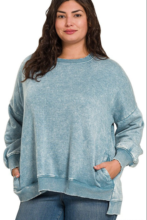 Time to Chill Acid Wash Fleece Hi-Low Sweatshirt in Denim Blue - Curvy