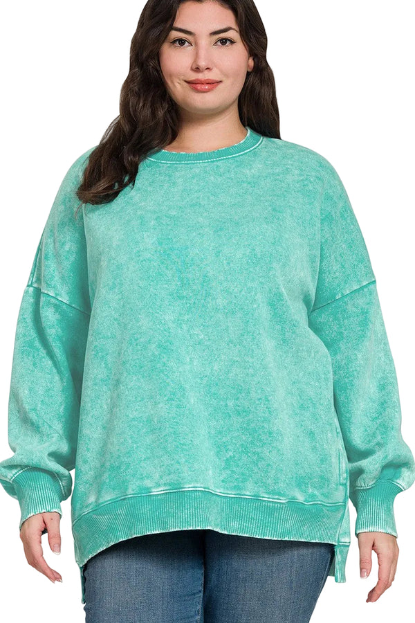 Time to Chill Acid Wash Fleece Hi-Low Sweatshirt in Turquoise - Curvy