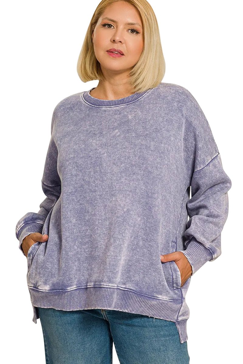 Time to Chill Acid Wash Fleece Hi-Low Sweatshirt in Marlin Blue - Curvy