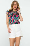 Eva Abstract Print Ruffle Trim Blouse in Teal with vibrant colors and ruffle cap sleeves, perfect for casual or dressy outfits.