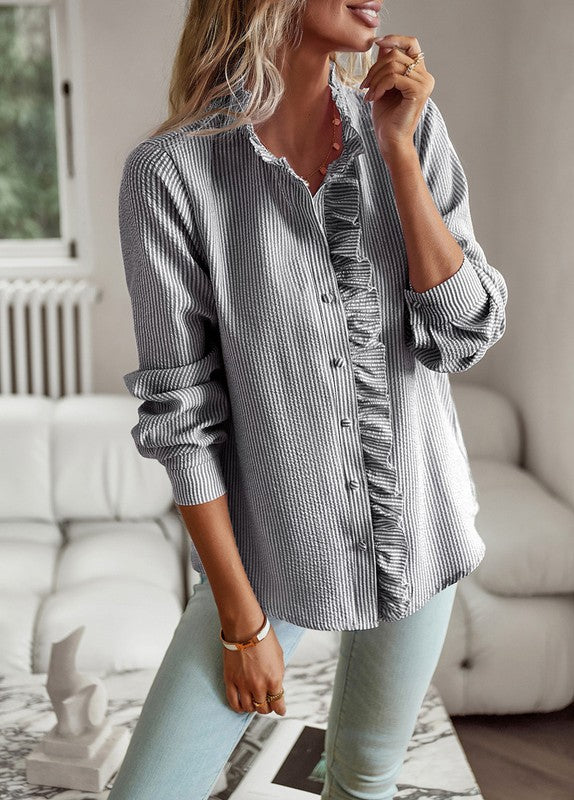 The Sweet Life Seersucker Ruffle Trim Blouse in Black