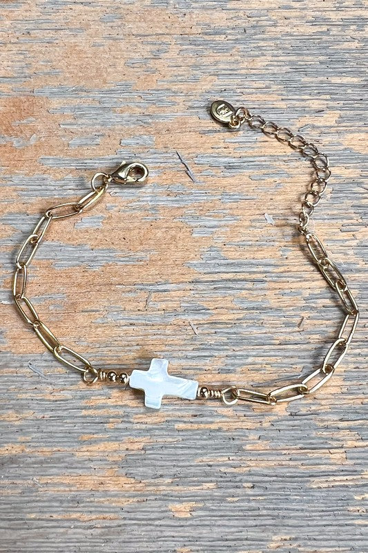 Assurance White Stone Cross Paper Clip Chain Bracelet