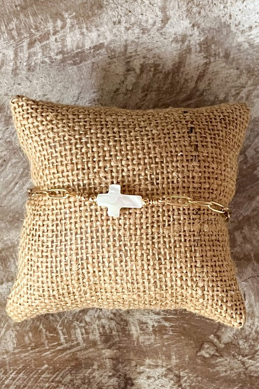 Assurance White Stone Cross Paper Clip Chain Bracelet