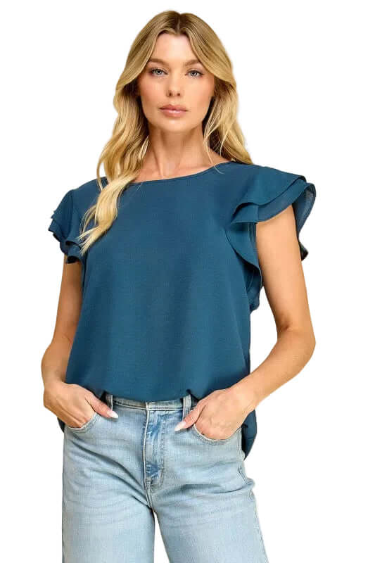 In the Moment Ruffle Sleeve Blouse in Denim