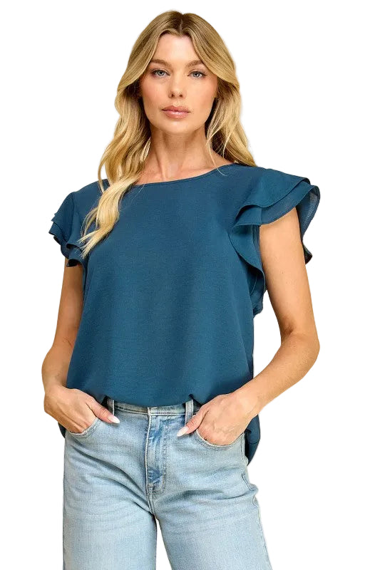 In the Moment Ruffle Sleeve Blouse in Denim