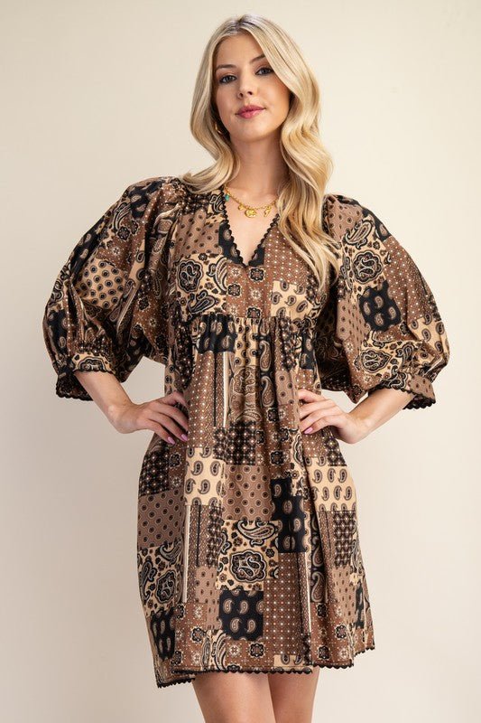 Harvest Moon Paisley Patchwork Print Dress in Brown