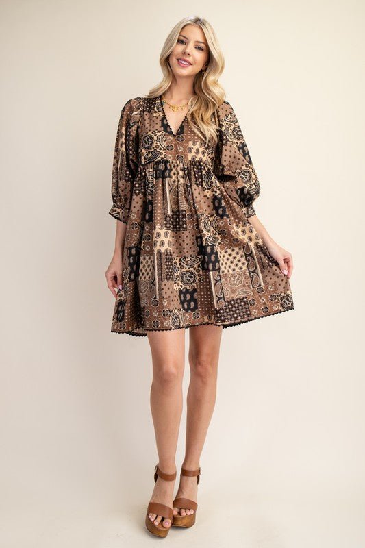 Harvest Moon Paisley Patchwork Print Dress in Brown