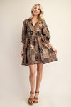 Harvest Moon Paisley Patchwork Print Dress in Brown