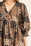 Harvest Moon Paisley Patchwork Print Dress in Brown