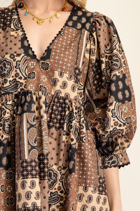 Harvest Moon Paisley Patchwork Print Dress in Brown