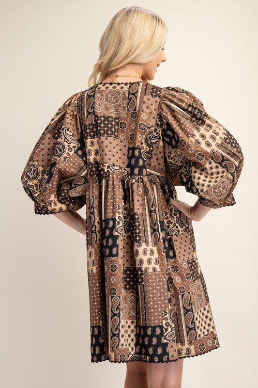 Harvest Moon Paisley Patchwork Print Dress in Brown