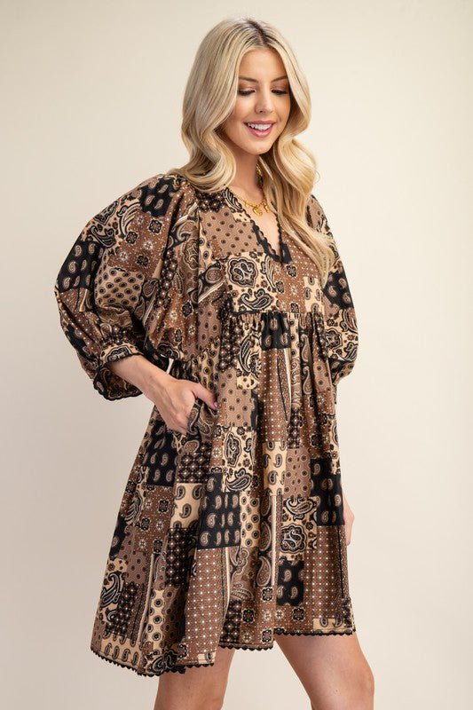 Harvest Moon Paisley Patchwork Print Dress in Brown