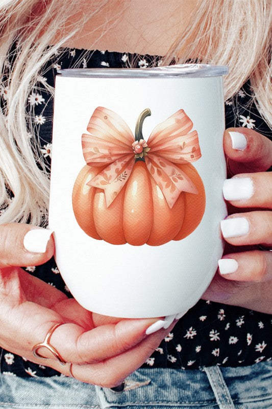 Fall Harvest Pumpkin Bow Beverage Tumbler