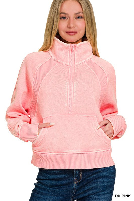 Stay With Me Acid Washed Half Zip Fleece Pullover in Pink