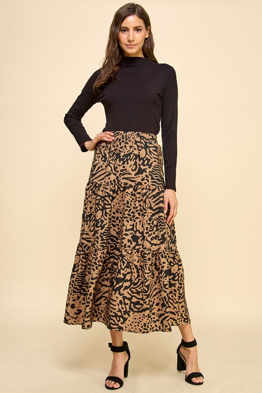 Lydia Tiered Abstract Animal Print Midi-Skirt in Black/Brown