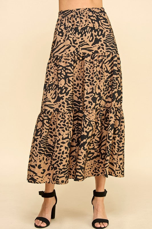 Lydia Tiered Abstract Animal Print Midi-Skirt in Black/Brown