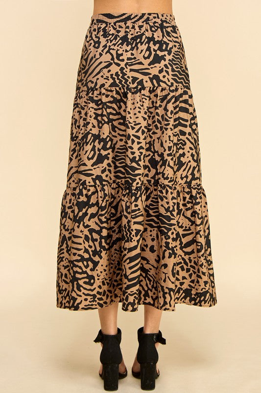 Lydia Tiered Abstract Animal Print Midi-Skirt in Black/Brown