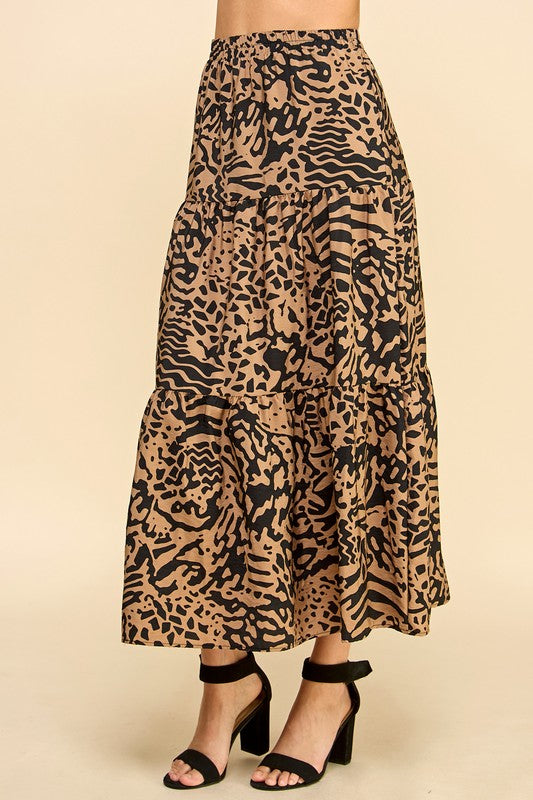 Lydia Tiered Abstract Animal Print Midi-Skirt in Black/Brown