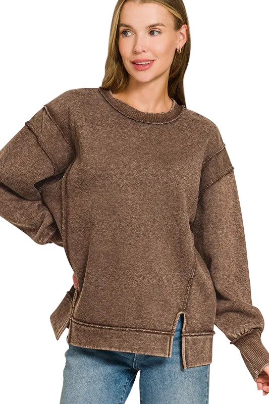 Time For Dreaming Acid Wash Fleece Sweatshirt in Chocolate
