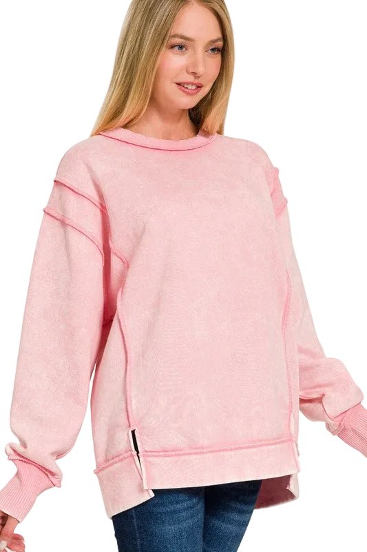 Time For Dreaming Acid Wash Fleece Sweatshirt in Pink - Curvy
